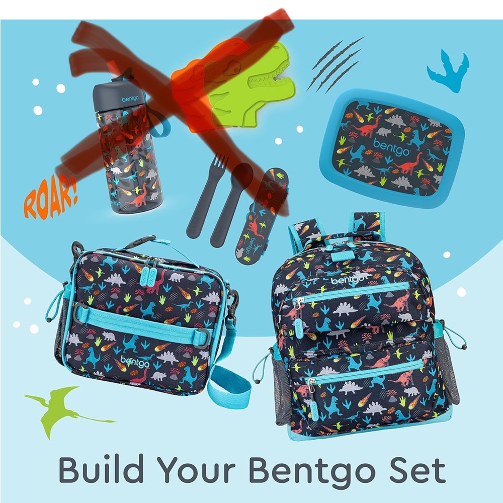 BENTGO BACKPACK, BENTO BOX & LUNCH BAG 3 PIECE SET. DINOSAUR BLUE PRINT. Age 4-7